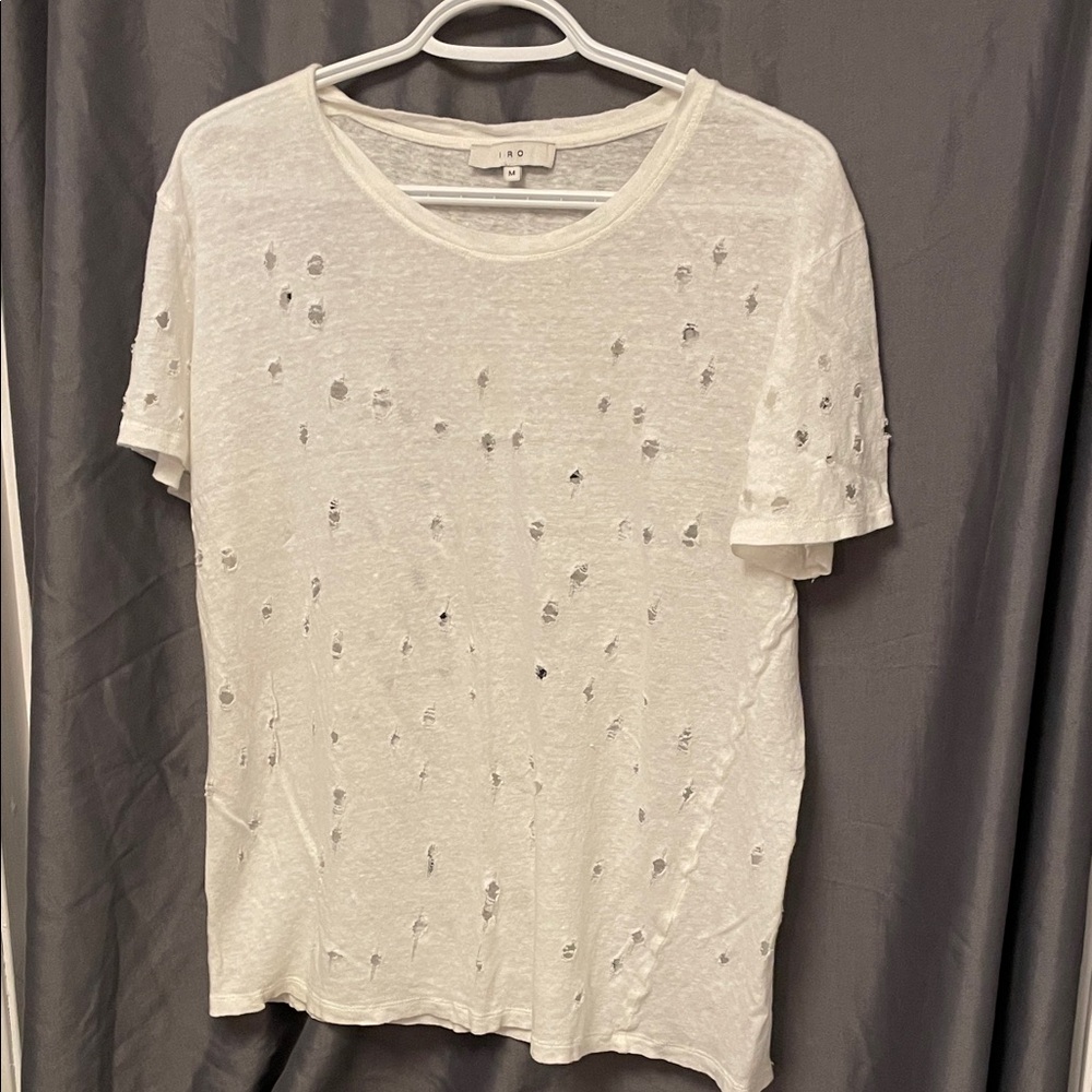 Women’s IRO White Distressed Linen Short Sleeve Tee Size Medium
